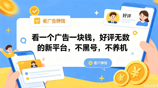 看一个广告一块钱，好评无数的新平台，不黑号，不养机，一撸几十块钱还是不错的