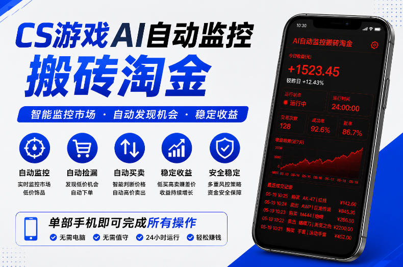 CS游戏AI自动监控搬砖淘金，稳定运行多年，支持任何形式验证，日入300+