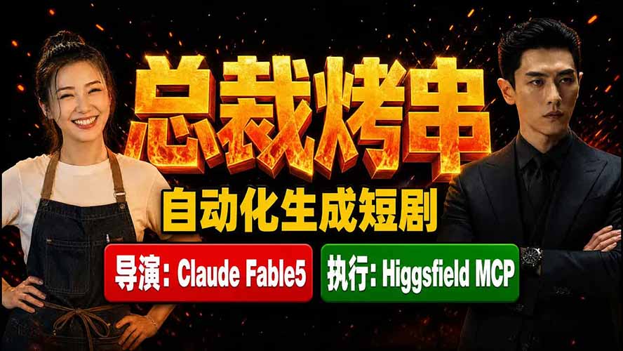 （19541期）《总裁烤串》真人短剧全自动诞生！Claude Fable5 当导演，Higgsfield MCP 执行！