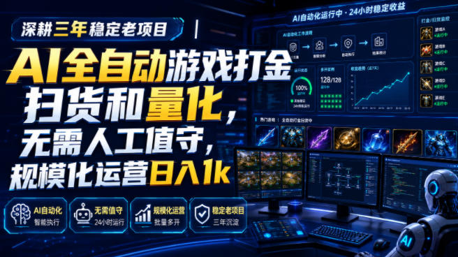 （19576期）AI全自动游戏打金扫货和量化，规模化运营日入1k，深耕三年稳定老项目！