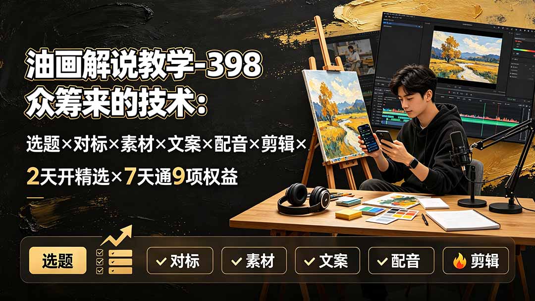 （19587期）油画解说教学-398众筹来的技术-刯新：选题×对标×素材×文案×配音×剪辑×2天开精选×7天通9项权益