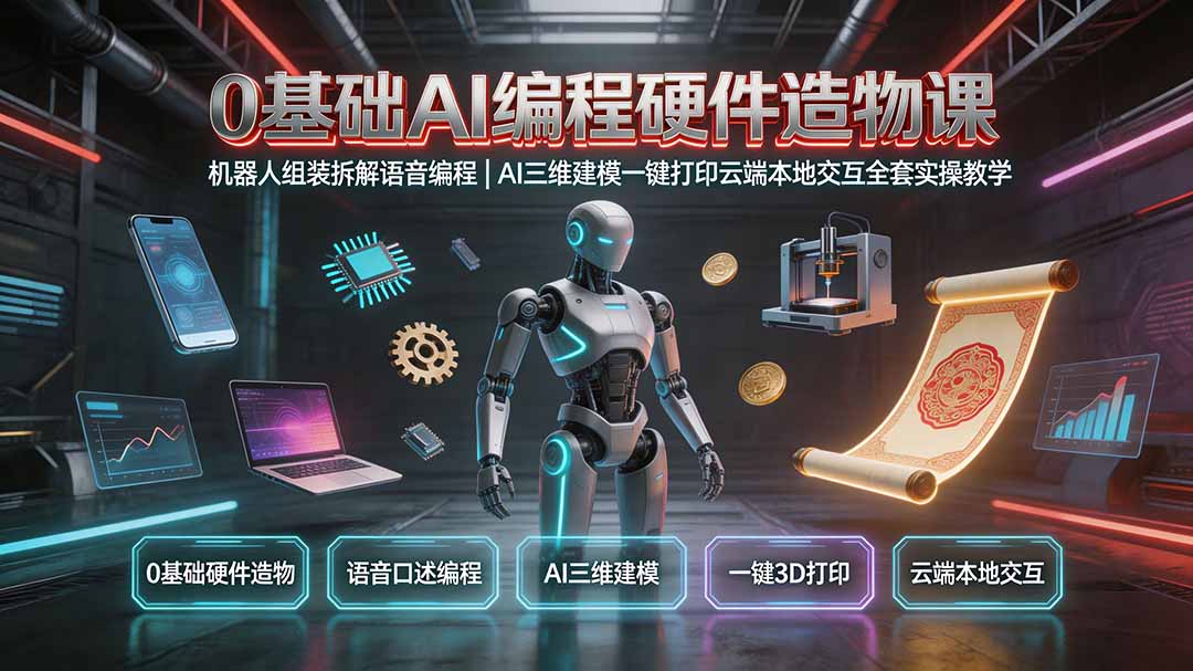 （19612期）0基础AI编程硬件造物课｜机器人组装拆解语音编程，AI三维建模一键打印云端本地交互全套实操教学