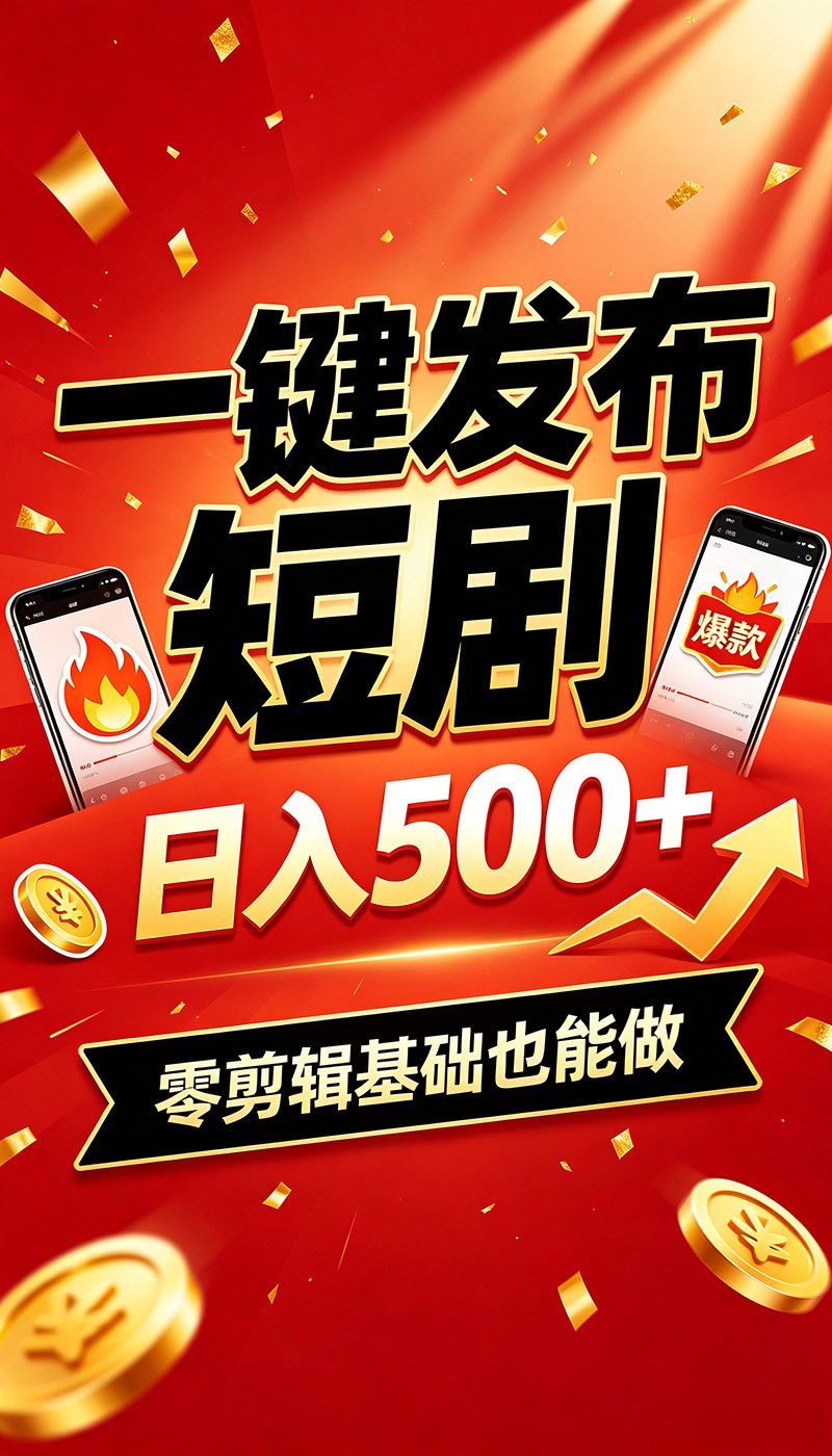 快手短剧一键发布，不用剪辑操作简单，副业日入500+。空闲时间轻松赚收益