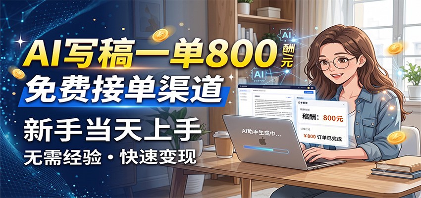 AI写稿一单800，免费接单渠道，一单一结几十到上千，新手当天上手