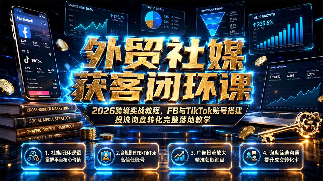 （19611期）外贸社媒获客闭环课｜2026跨境实战教程，FB与TikTok账号搭建投流询盘转化完整落地教学