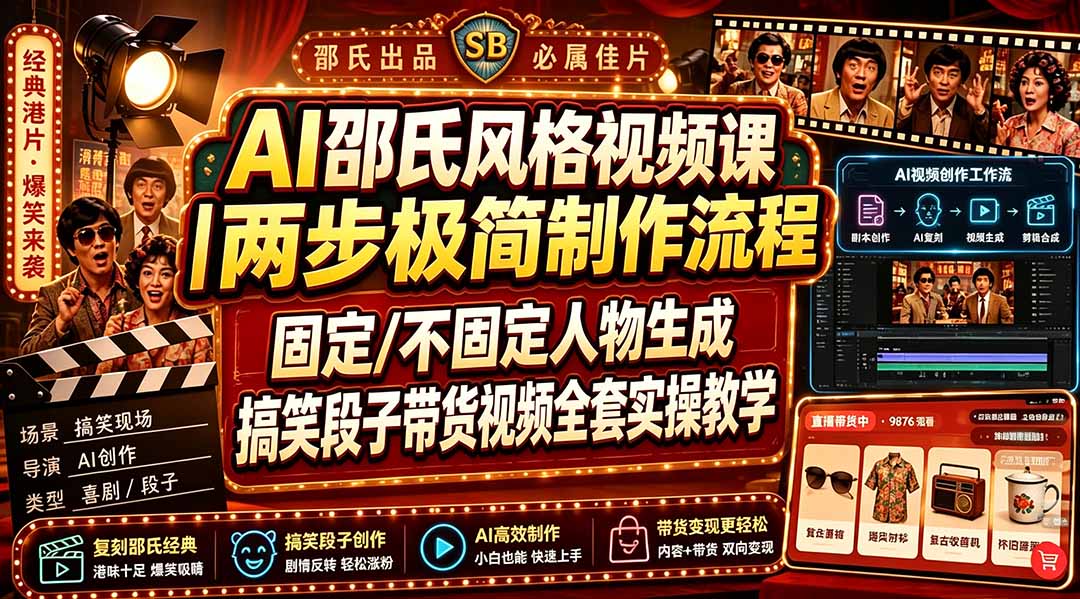 （19602期）AI邵氏风格视频课｜两步极简制作流程，固定/不固定人物生成，搞笑段子带货视频全套实操教学