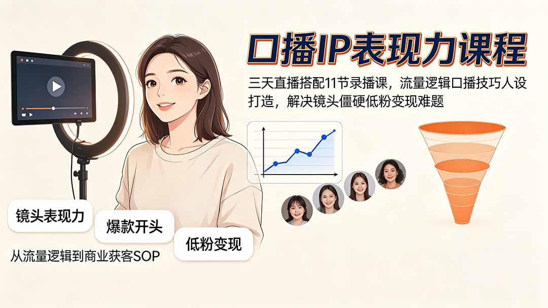 （19604期）口播IP表现力课程｜三天直播搭配11节录播课，流量逻辑口播技巧人设打造，解决镜头僵硬低粉变现难题