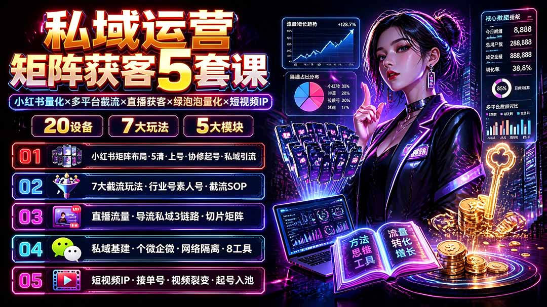 （19617期）私域运营矩阵获客5套课：小红书量化×多平台截流×直播获客×绿泡泡量化×短视频IP×20设备×7大玩法