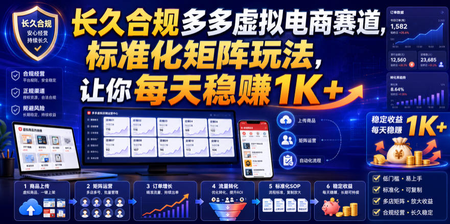 长久合规多多虚拟电商赛道，标准化矩阵玩法，让你每天稳賺1K+