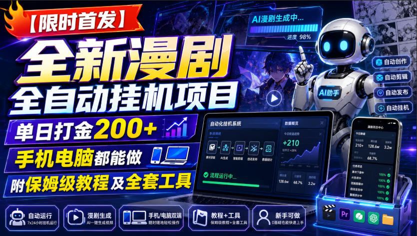 【限时首发】全新漫剧全自动挂G项目，单日打金200+，手机电脑都能做，附保姆级教程及全套工具